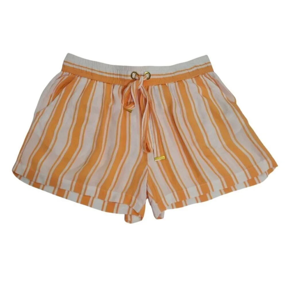 Michael Kors Womens Orange, White Striped Drawstring Shorts Size L Viscose Blend